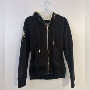 Vintage Y2K Twisted Heart Black Hooded Jacket with Heart Embroidered Details